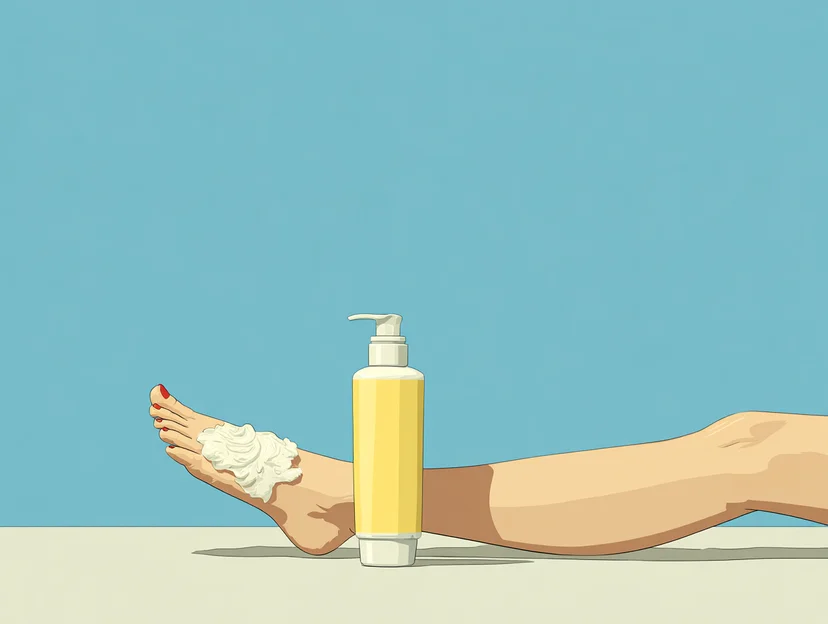 샤워 후 팔과 다리에 보습제를 바르는 장면, 촉촉한 피부 관리를 상징하는 모습.
