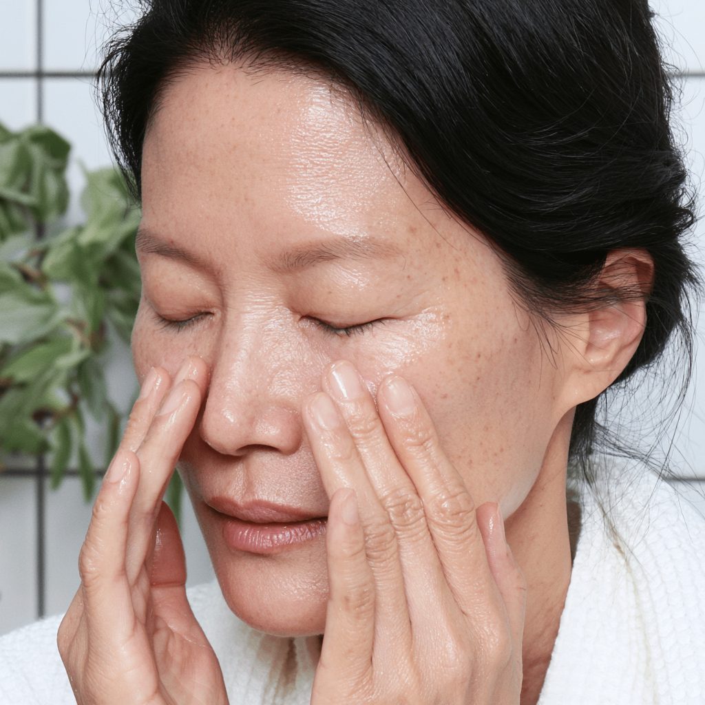 A Korean woman in her 40s doing a skincare regim