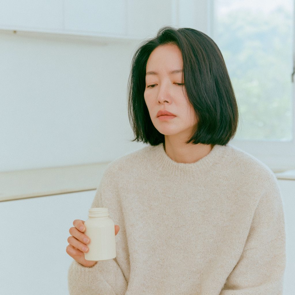 A Korean woman in her 40s holding NMN supplement