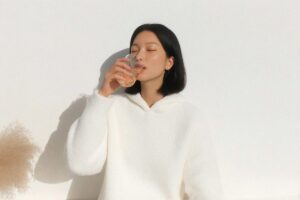 Korean woman taking supplement capsule with glas