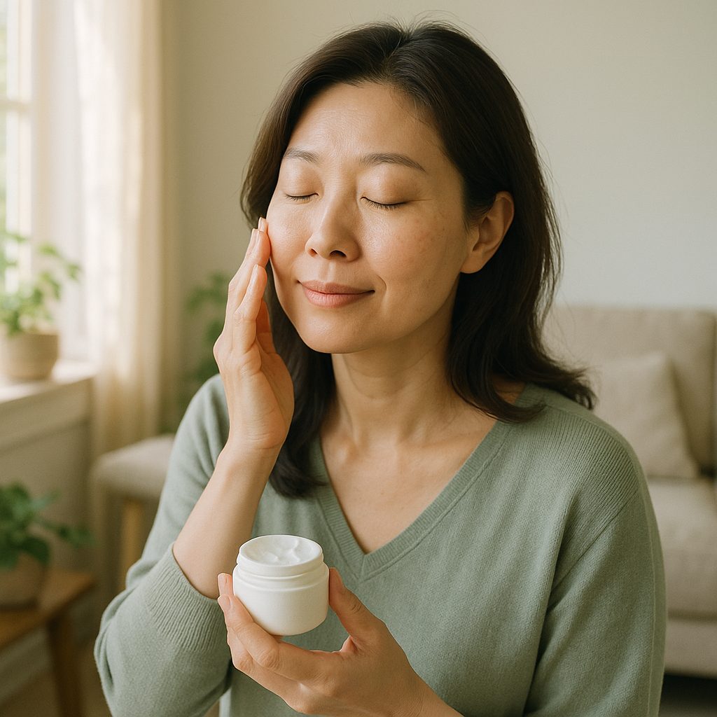 lifestyle a korean woman in her 40s peacefully applying skincare supplements set in a sun ai